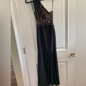 Betsy & Adam black one shoulder formal dress